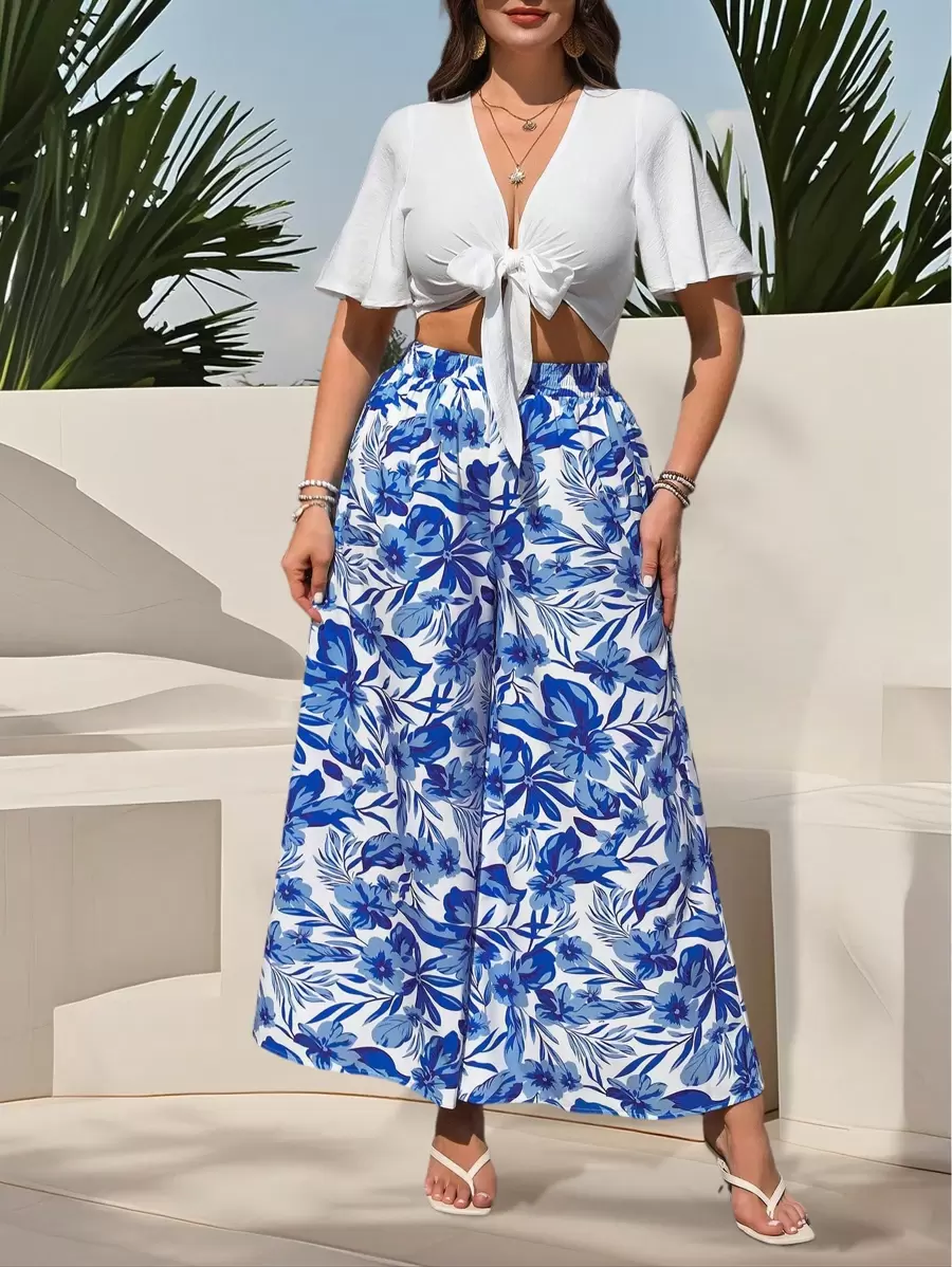 Breezaya Plus Size Holiday Casual Solid Color Crop Top & All Over Floral Print Wide Leg Pants 2 Pieces Set