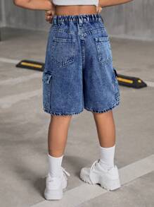 SHEIN SLAYR KIDS 青少年女孩 Y2K 时尚石洗高腰翻盖口袋宽松牛仔工装短裤，青少年女孩返校秋季服装 - 中等水洗藍 - 查看 2