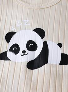 SHEIN 2pcs/Set Newborn Infant Boys Adorable Panda Graphic Ribbed Knit Stretchy Short Sleeve Top And Pants Loungewear Set For Spring/Autumn - Apricot - View 6