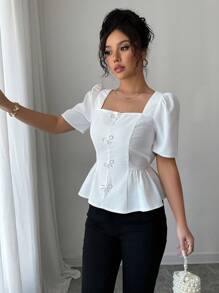 Chiquease Women Bowknot Embellished Square Collar Puff Sleeve Ruffle Hem Elegant Blouse - White - View 8