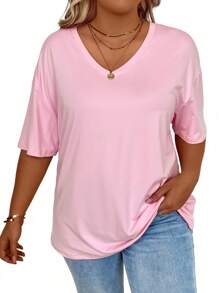 SHEIN CURVE+ Plus Size Women's Solid Color V-Neck Drop Shoulder Casual Loose T-Shirt Top - Pink - View 3