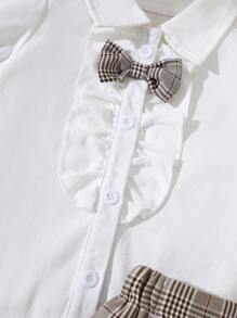 SHEIN Conjunto de ropa informal tipo universitario para niña, blusa con mangas abullonadas y ribete de volantes + falda plisada a cuadros, para primavera/verano - Blanco - Ver 5