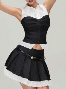 SHEIN Essnce 2 件套女士办公室/教师/通勤套装 - 拼色衬衫和百褶裙套装 - 黑與白 - 查看 8
