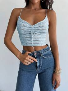 Firerie Women Ruched Drawstring Beach Vacation Crochet Knit Tank Top - Baby Blue - View 5