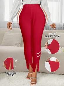 SHEIN Lady Quần dài nữ bó sát nhiều màu sắc, cạp chun, xẻ tà bên hông, thường ngày đa năng - Đỏ - Xem 3