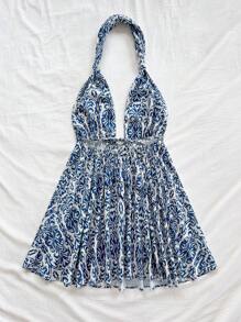 Soleia 女士度假休闲全印花挂脖迷你连衣裙 - 藍白色 - 查看 2