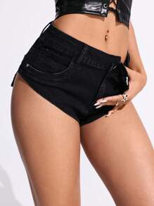 SHEIN EZwear 女士时尚性感低腰迷你牛仔短裤 - 黑色 - 查看 6
