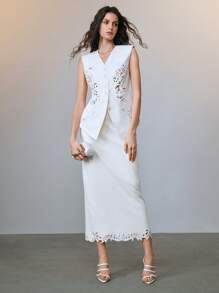 Arave 梭织平纹松紧腰无袖珍珠镂空刺绣优雅职业女性两件套西装套装春夏季 - 杏色 - 查看 6