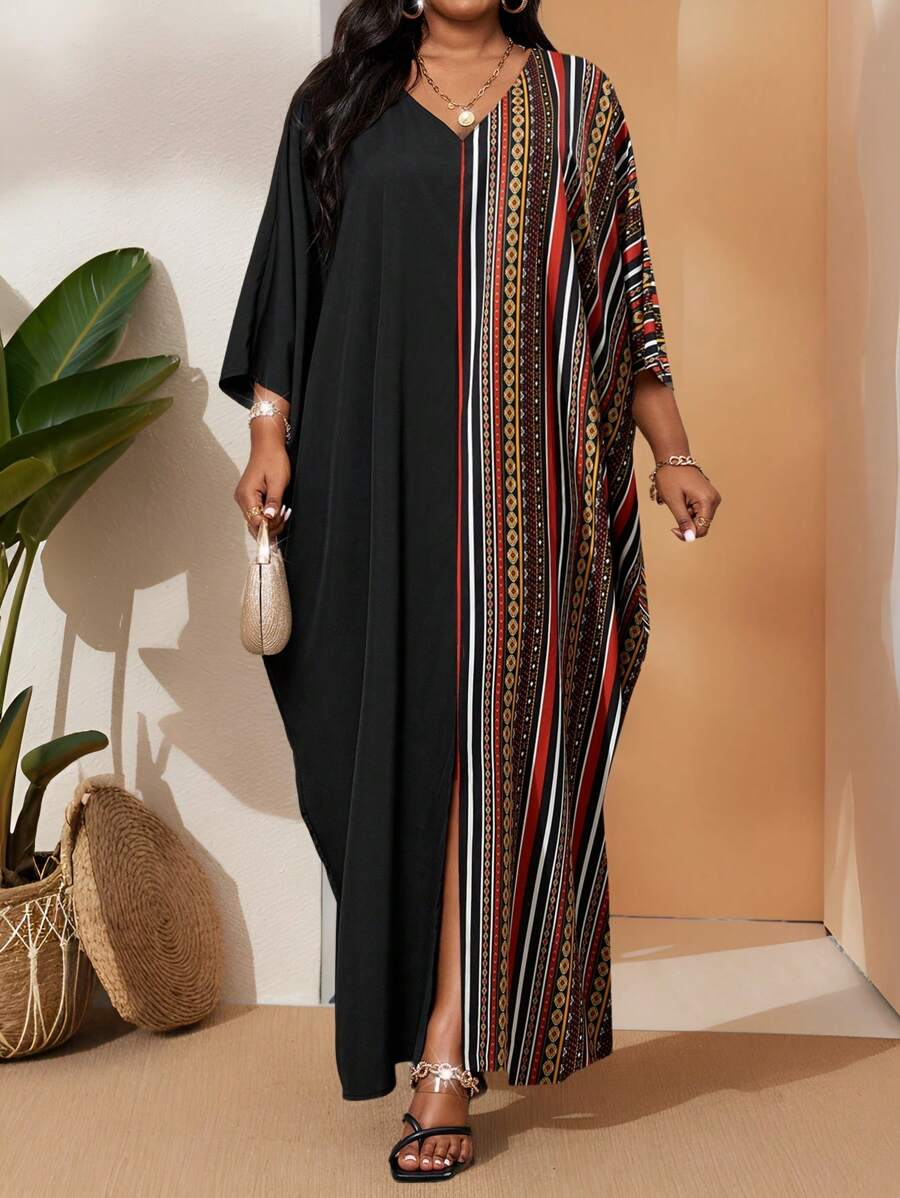 SHEIN Lady 大码 V 领长袖纯色拼接宽松休闲连衣裙长袍万圣节服装万圣节服装度假服装女士 - 黑色 - 查看 1