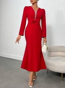 SHEIN PETITE Women Elegant Fishtail Hem Long Sleeve Dress With Faux Pearl Decor & Mesh Inset - Burgundy - View 5