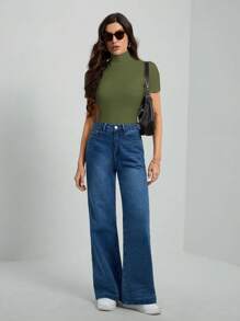 SHEIN Tall 女士纯色基本款黑色高领短袖 T 恤 - 軍綠色 - 查看 4