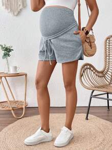 SHEIN Grey Maternity Casual Knitted Fabric Shorts With Adjustable Waistband For Comfortable Everyday Wear - Grey - View 6