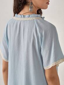 Florisole Elegant Vacation Ruffle Trim Women's Blouse - Blue - View 2