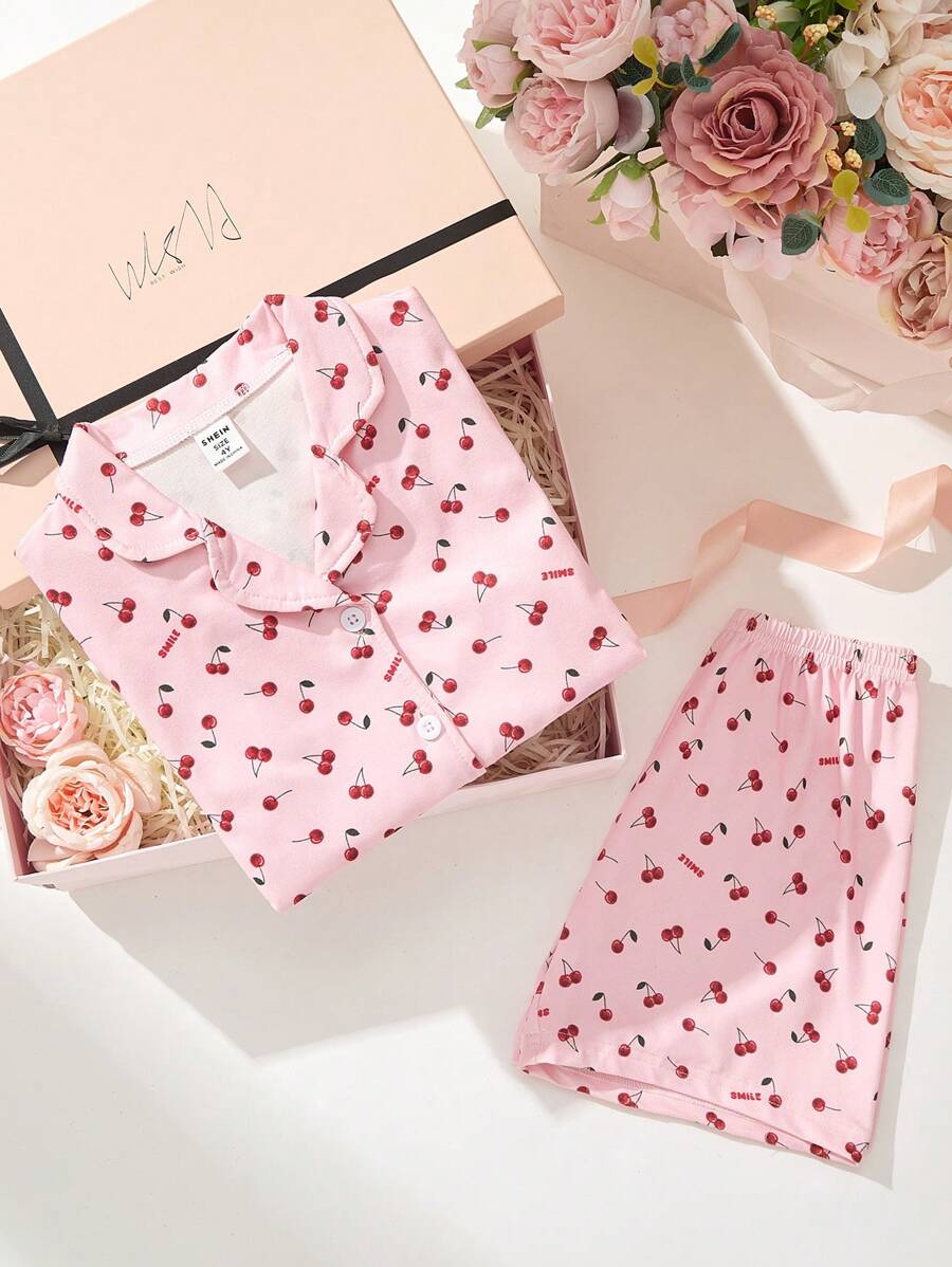 2pcs/Set Young Girl Cherry Pink Fabric Short Sleeve Top & Casual Shorts Pajamas Pj Set Young Girls Clothing Sets Summer Clothes - Pink - View 1