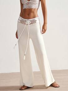 Bohemela 度假风格女式钩针纯色腰带针织裤 - 白色 - 查看 7