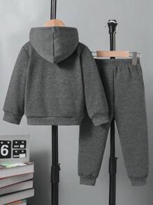 SHEIN Chàng trai trẻ Đồ họa Chữ cái Lót nhiệt Khóa kéo UP Áo Hoodie & Quần Without Tee - Xám - Xem 2