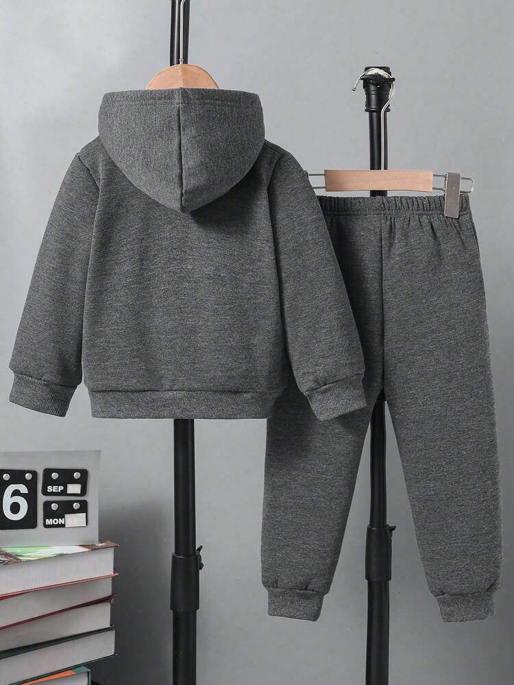 Young Boy Letter Graphic Thermal Lined Zipper Up Hoodie & Pants Without Tee Chic Outfits For Autumn/Winter