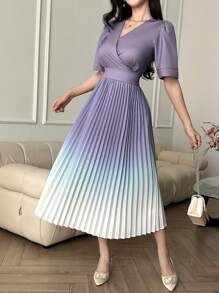 DAZY 女式 V 领渐变色泡泡袖褶腰中长连衣裙太阳裙 - 藍色 - 查看 4
