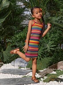 SHEIN Leap Crew SLAYR KIDS Young Girl Cute Geometric Knit Jacquard Sundress For Summer Holiday Mommy And Me Matching Outfits(3 Pieces Are Sold Separately) - Multicolor - View 5