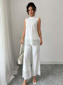 Elenzga 2 件女式套装：亮片拼布无袖立领上衣和裤子 - 白色 - 查看 4