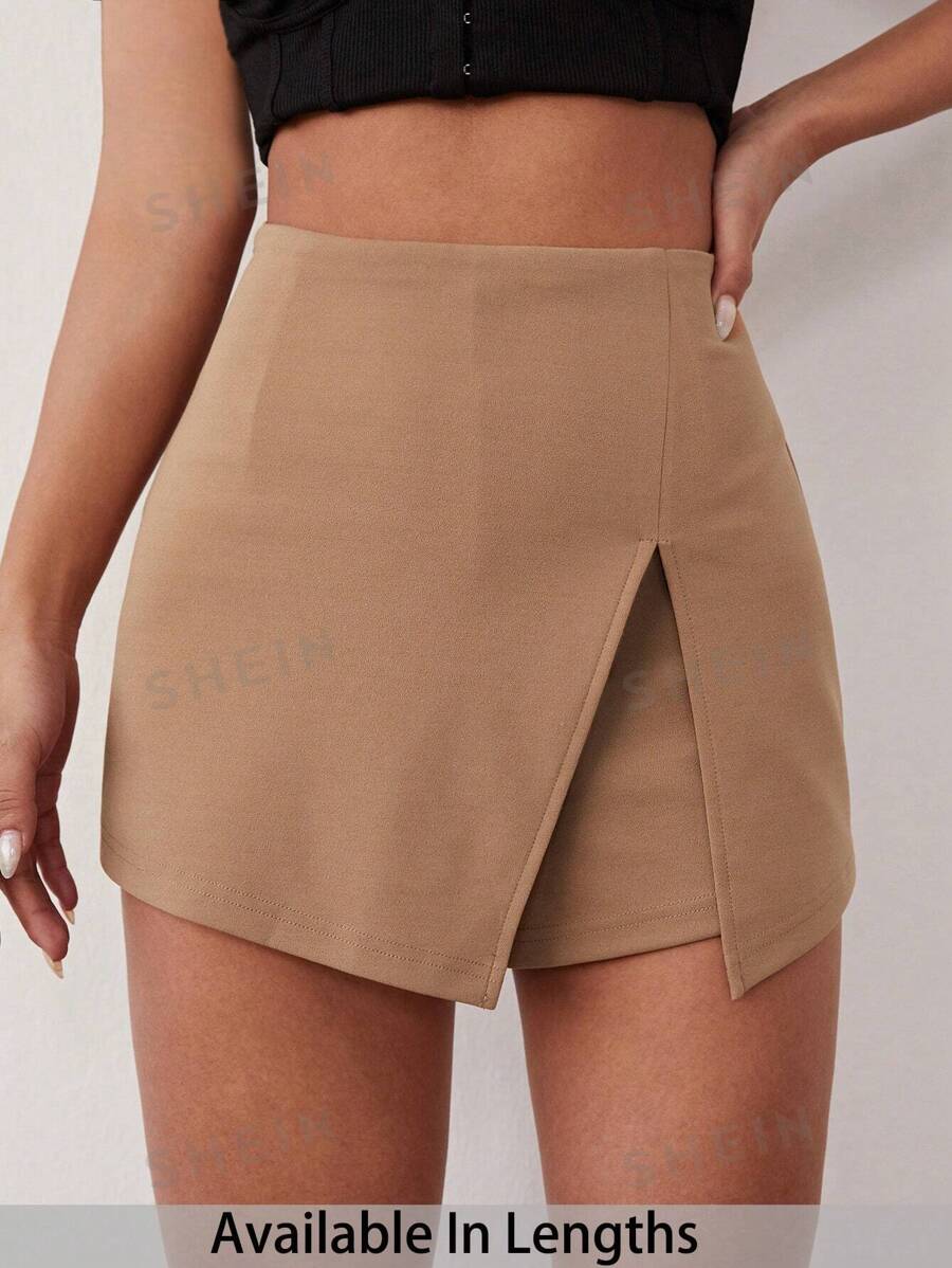 SHEIN PETITE CURVE Pantalones cortos informales de talla grande para mujer con abertura lateral en unicolor, para primavera/verano