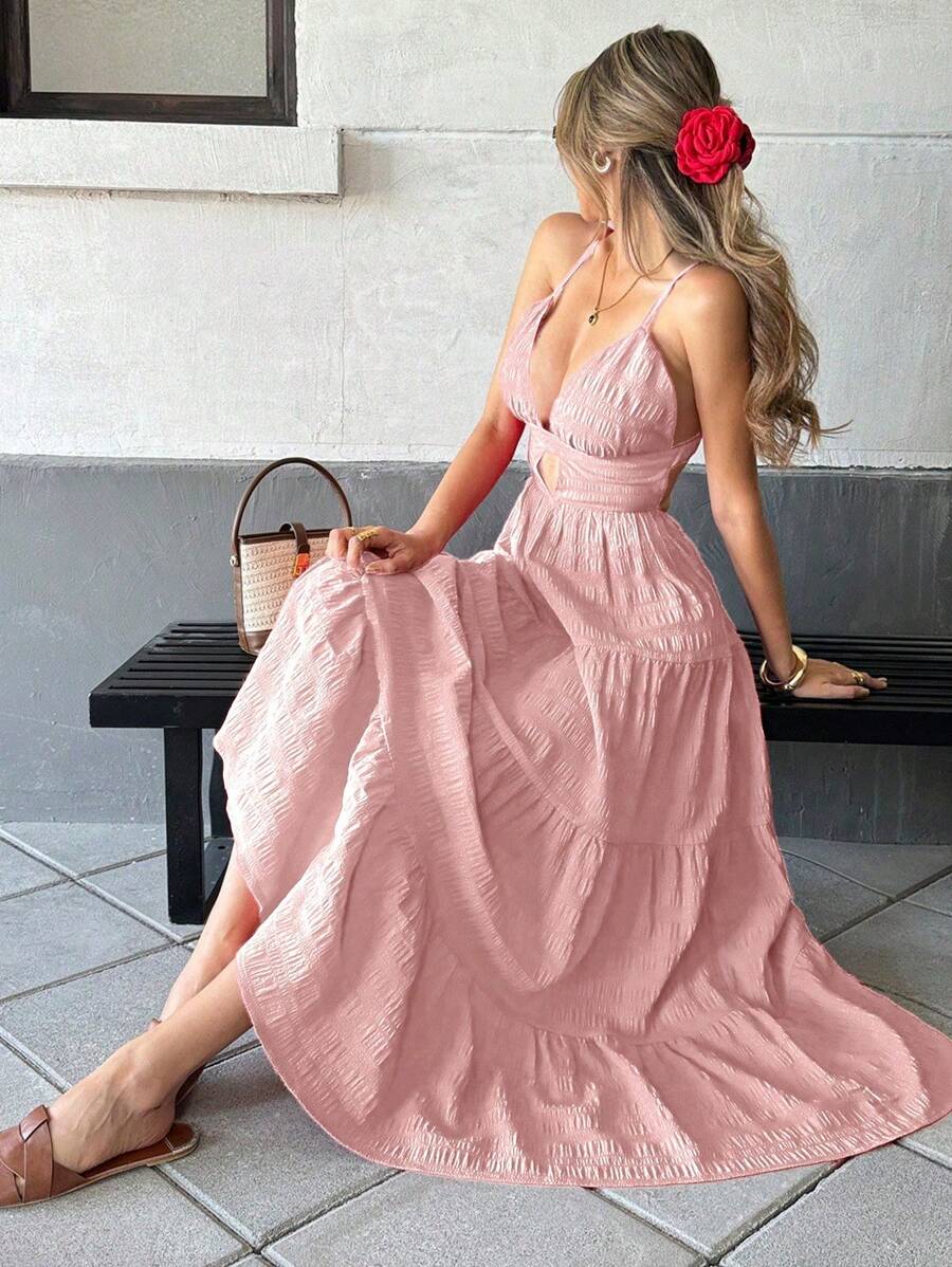 Pariaura Halter Contrast Hem Loose Pink Dress, Casual Resort Style For Women - Dusty Pink - View 1