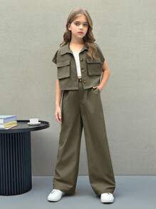 Nova Glow Tween Girls Casual Sporty Plain Color Short Sleeve Shirt & Straight Leg Pants Set,Kids - Army Green - View 3
