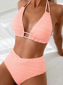 Swim Chiccia Set Bikini Seksi Wanita Model Halter dengan Tali Ikat Warna Polos, Cocok untuk Pantai Musim Panas - Baby Pink - View 3