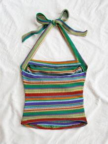 Soleia Top alla cravatta da donna con blocchi di colore a righe, outfit da vacanza aderente, adatto per vacanza, appuntamento, tè pomeridiano, festival musicale, stile bohémien retrò