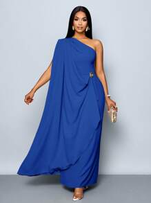 SOLERSUN 女士时尚优雅垂坠单肩长裙，配金色饰边细节