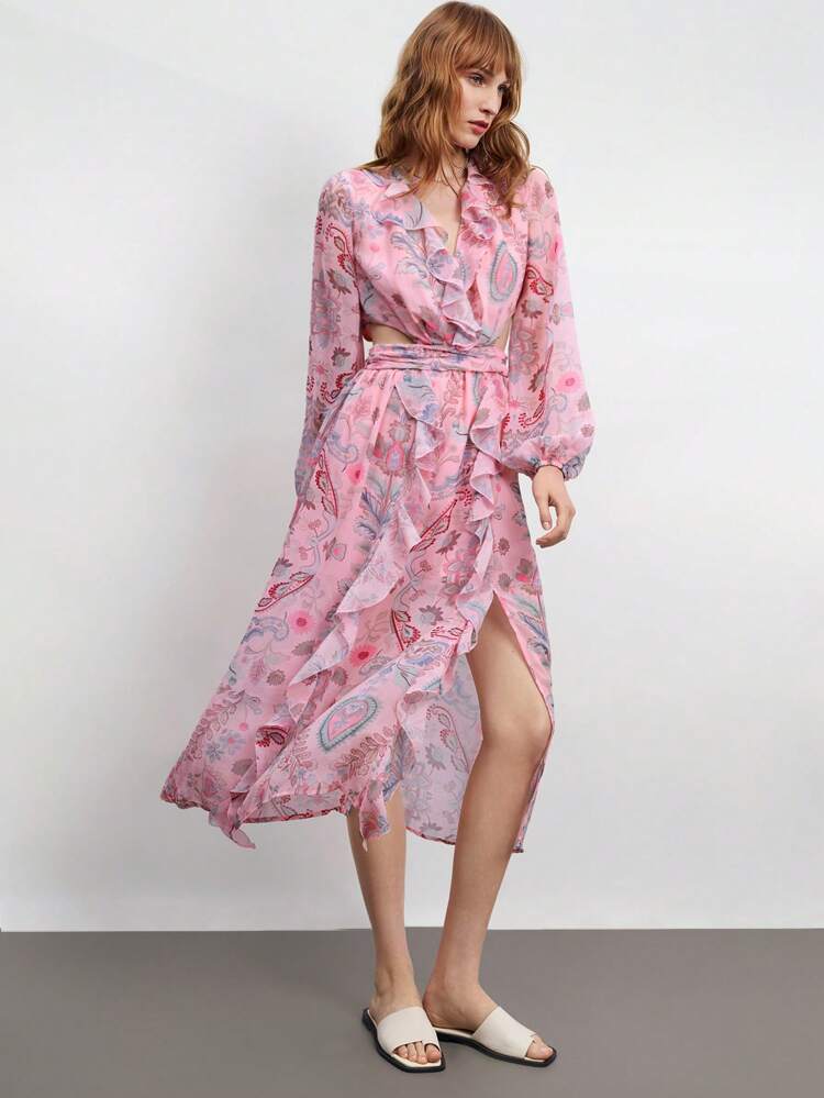 SHEIN Maija Women's V-Neck Ruffled Waist Cutout Cashew Floral Print Lantern Sleeve Long Maxi Beach Dress, Bohemian Style Leisure Resort Wear, Fashionable & Casual