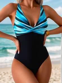 Swim Lushoire Women's One-Piece Swimsuit With Twisted Front Enhancing Design, Chest Positioning Striped Ombre Print Patchwork Solid Color, For Summer Beach Vacation