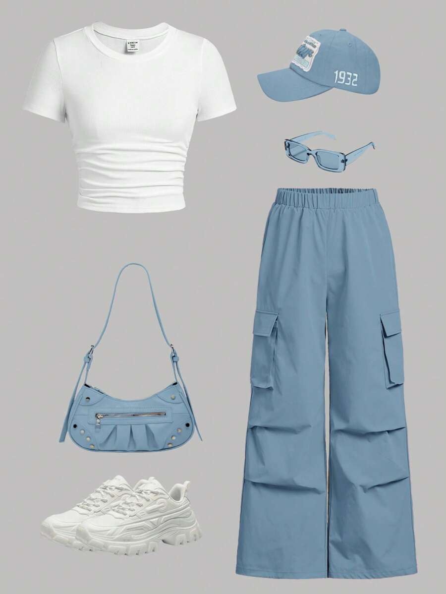 SHEIN EZwear 2pcs/Set Casual Solid Color Ruched Bodycon T-Shirt And Cargo Pants Outfit - Dusty Blue - View 1
