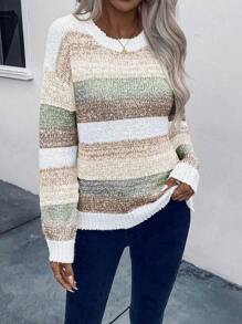 Chiquease Mixed Color Block Crew Neck Casual Pullover Long Sleeve Sweater Knit Pullover Fall Winter Outfit - Multicolor - View 7