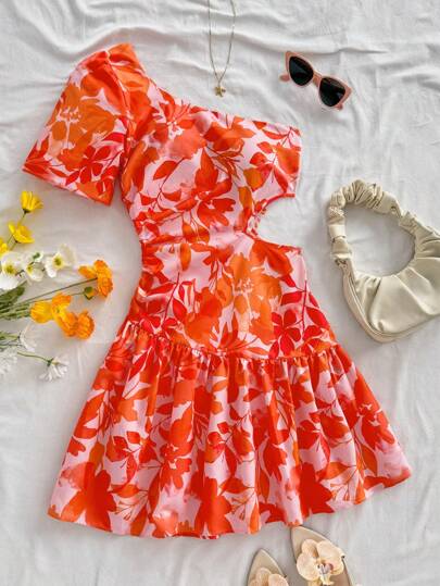 Soleia 女士节日单肩泡泡袖不对称下摆修身镂空腰迷你连衣裙