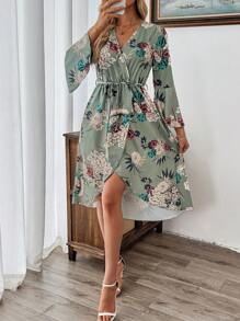 SHEIN Clasi Vestido asimétrico con cuello en V, mangas de campana 3/4, abertura alta y estampado floral en estilo retro bohemio casual europeo y americano - Multicolor - Ver 3