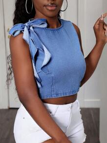 SHEIN Slayr Blus Denim Tanpa Lengan Kasual untuk Wanita, Cocok untuk Beraktivitas di Luar Ruangan - Biru - View 3