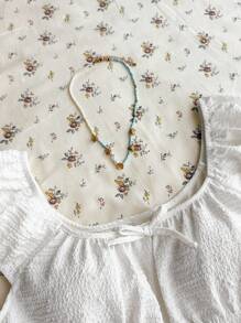 SHEIN TEENGIRL White Bubble Textured Fabric Square Neckline A-Line Short Shirt, Sweet Cute Blouse, Collegiate Shirt