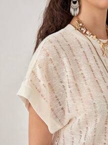 Florisole Bohemian Casual Vacation Solid Color Hollow Out Round Neck Raglan Sleeve T-Shirt For Women