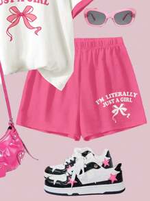 SHEIN 2pcs/Set Tween Girls Casual Bow Letter Graphic Short Sleeve T-Shirt & Loose Shorts Set, Summer
