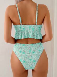 SHEIN Swim Bikini hở lưng hở vai gợi cảm cổ chữ V viền bèo nhún dây mảnh cho nữ - màu xanh lá - Xem 2