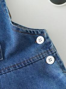 Tween Girl 字母刺绣口袋休闲牛仔背带裤 - 藍色 - 查看 4