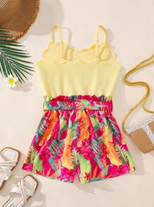 SHEIN Tween Girls' Casual Summer Vacation Floral Edge Camisole Patchwork Tropical Plant Floral Print Belted Romper