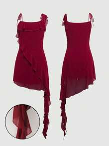 SHEIN EZwear 女士红色不对称细肩带连衣裙 - 酒紅色 - 查看 4