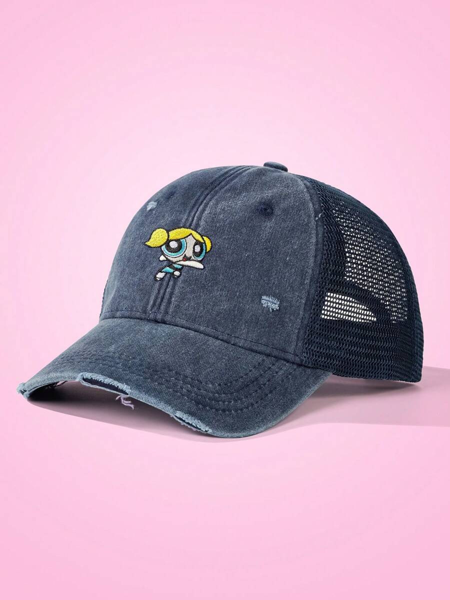THE POWERPUFF GIRLS X SHEIN 1pc Cute Basics Cartoon Bubbles Embroidered Unisex Baseball Cap, Suitable For Casual Wear - Navy Blue - View 1