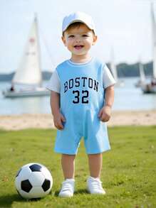 SHEIN Baby Boy/Girl Casual Sports Loose Letter Print Colorblock Knitted Rompers, Suitable For Spring & Summer Indoor/Outdoor Wear - Blue - View 9