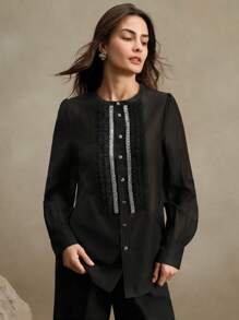 Anewsta Elaire 女士透明网眼荷叶边领性感长袖衬衫 - 黑色 - 查看 6