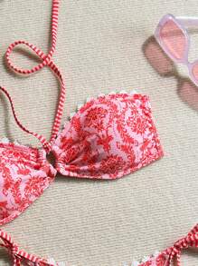 SHEIN Swim Minimalist Floral Printed Random Padded Chest Top And Slim Side Strap Triangle Bikini Bottom, For Summer Beach Vacation - Multicolor - View 3