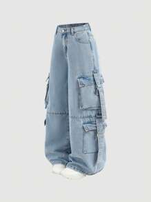 SHEIN Tween Girl Y2k Fashion Casual Blue Denim Cargo Pockets Are Designed To Fit Comfortably Jeans For Girls Soft Dailywear And Tween Girl Summer And Spring Clothes - Blue - View 1