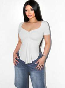 Zolique Foxxy Minimalist Solid Color Casual Square Neck Asymmetric Hem Long Sleeve T-Shirt For Women - White - View 6
